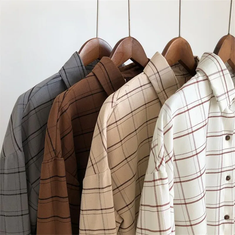 Женская клетчатая блузка с длинным рукавом Повседневная Свободная хлопковая в