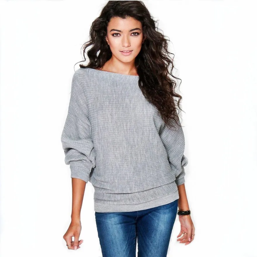 

Women Sweater Batwing Sleeve One Word Collar Pullover Nice Autumn Winter Female Casual Jumper Loose Sweaters Oversized
