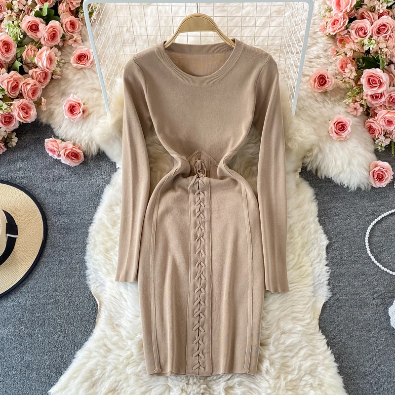 

Autumn Elegant o neck waist slim long-sleeved dress with straps waist bottoming stretch-wrapped hip knitted tight-fitting dress