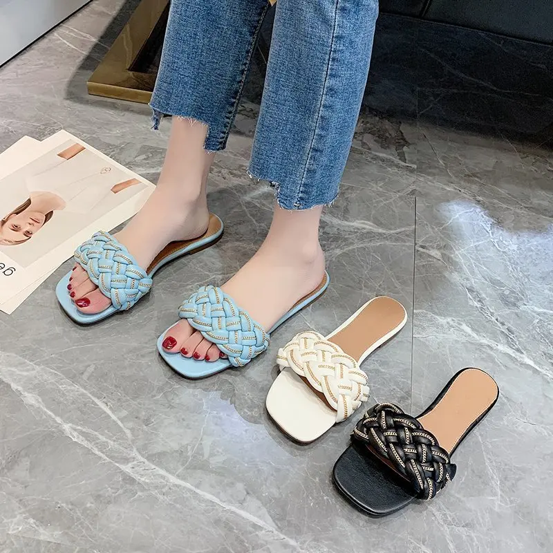 

New Women Braided Slippers Open-toe Set Foot Vacation Chain Weave Beach Temperament Flat Sandals Casual Flip Flops Woman Shoes