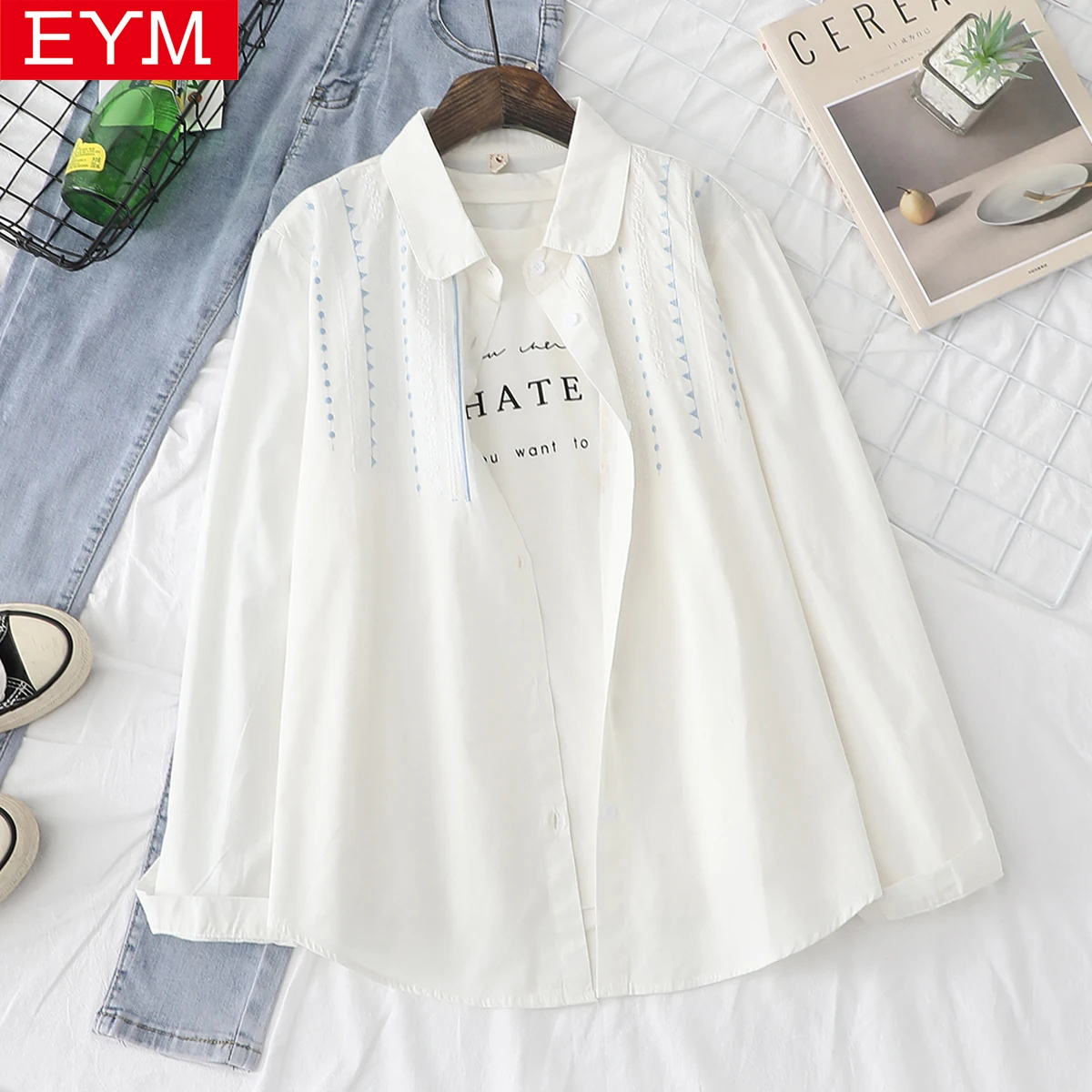 

Женская рубашка с вышивкой и принтом, белая блузка свободного покроя, с длинным рукавом, весна 2021