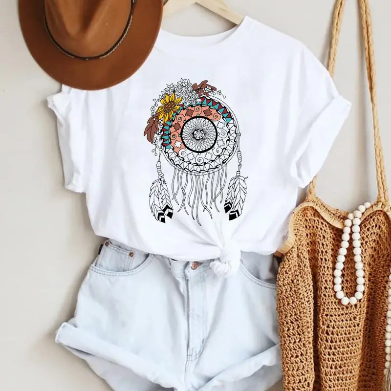 

2021 Women Clothing Floral Vintage Feather Fashion Cartoon Summer Lady Print Tee Stylish T Top Tshirts Clothes T-Shirt