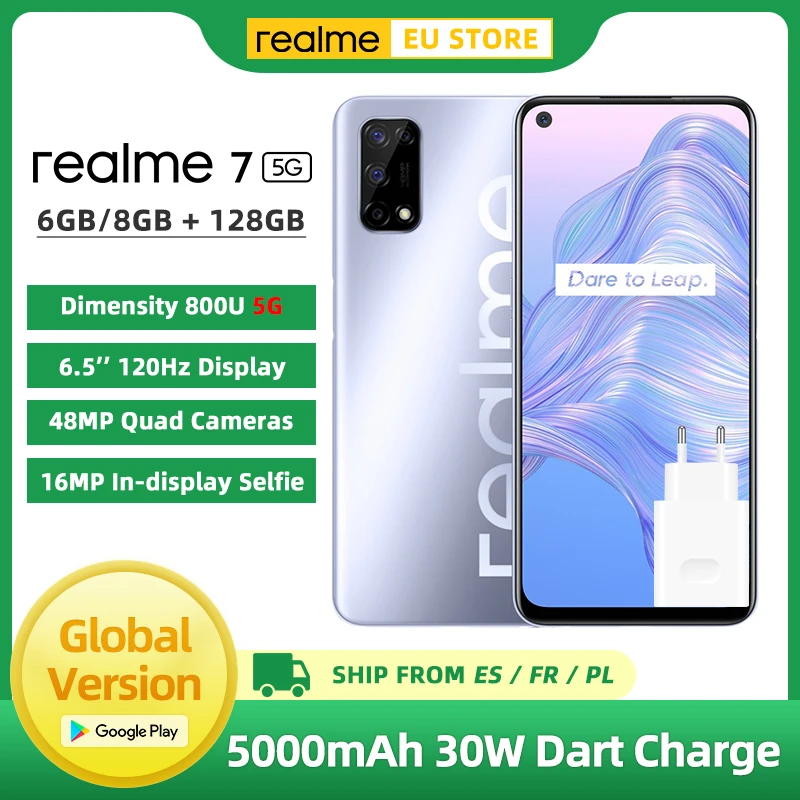 Global Version Realme 7 5G Smartphone 6GB 128GB Dimensity 800U 6.5 Inch 120Hz Screen 48MP Quad Cameras 5000mAh 30W Dart Charge
