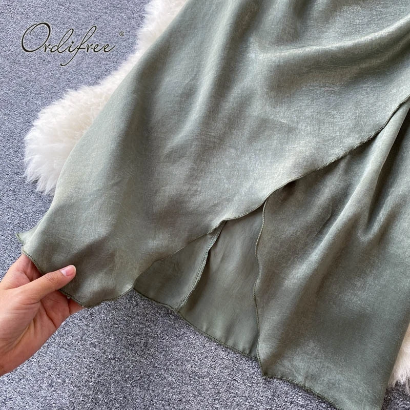 

2021 Summer Women Slip Satin Mini Dress Backless Draped Slit Sexy Club Party Shprt Dress