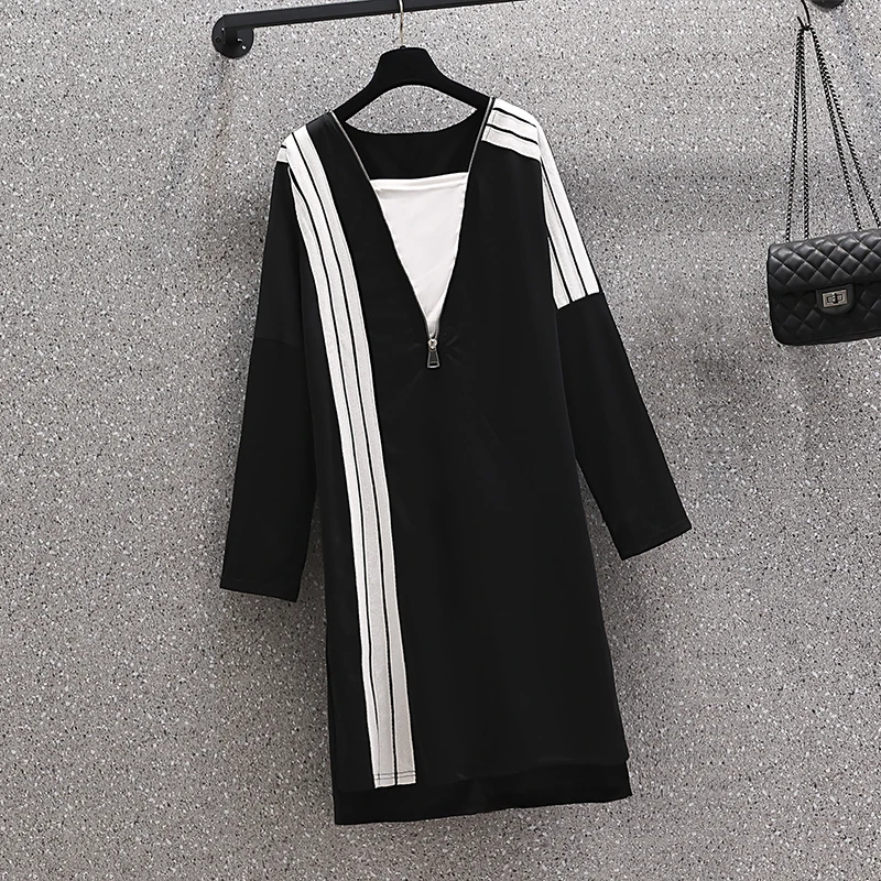 

Fashion Striped Ribbon Dress Women Autumn 2021 Zipper Patchwork Fake Two Piece Loose Casual Long Sleeve Black Dresses
