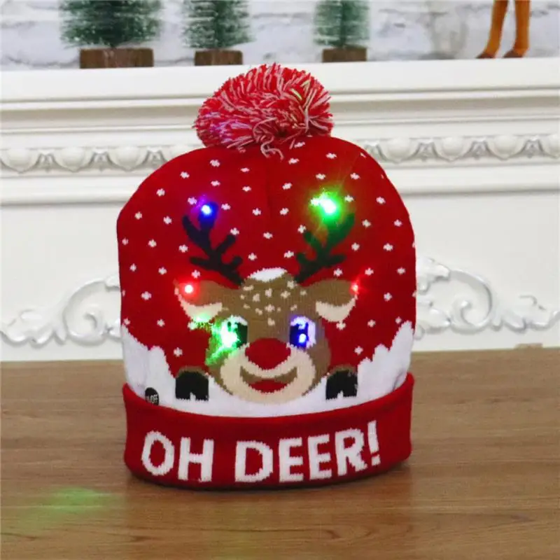 

Светящиеся рождественские шапки, Вязаная Шапка-бини с Санта-лосем светодиодный светильник кой, мультяшный рисунок, рождественский подарок ...