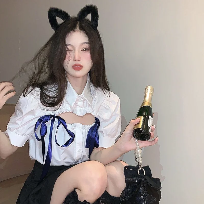 

College summer new Korean version age reduction French puff sleeve bow shirt female high waist pleated skirt female y2k style