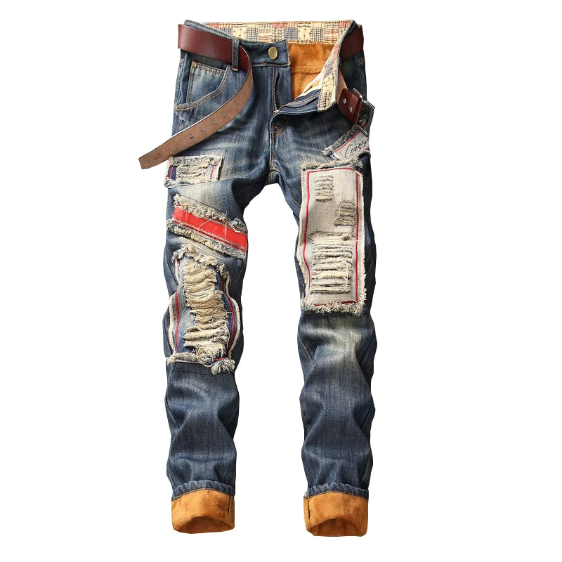 

Winter Thick Warm Jeans Men's Hole Fashion New Plus Velvet Jeans Men's Large Size 40 Size Premium Casual Vintage Jeans