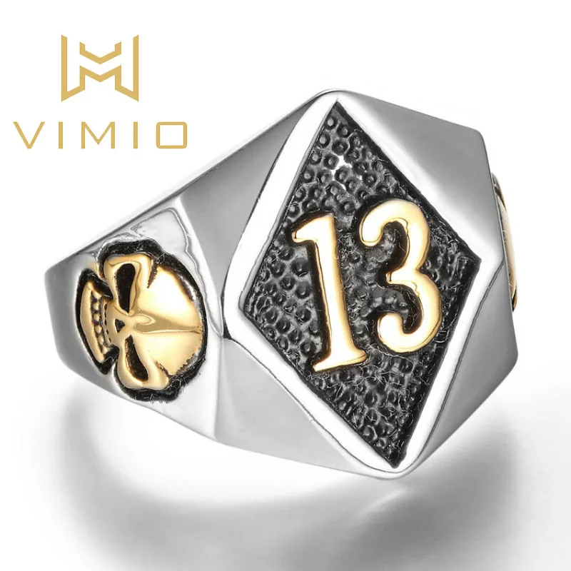 

vimio Size 8-13 Motor Biker Lucky Number 13 Ring Stainless Steel Men Boys Cool Man Biker Skull Ring