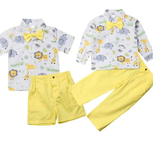 Fashion Kids Baby Boy Summer Suit Wedding Party Bowtie Gentleman Cartoon Print Shirt Shorts Pant Outfits 1-6Y | Детская одежда и