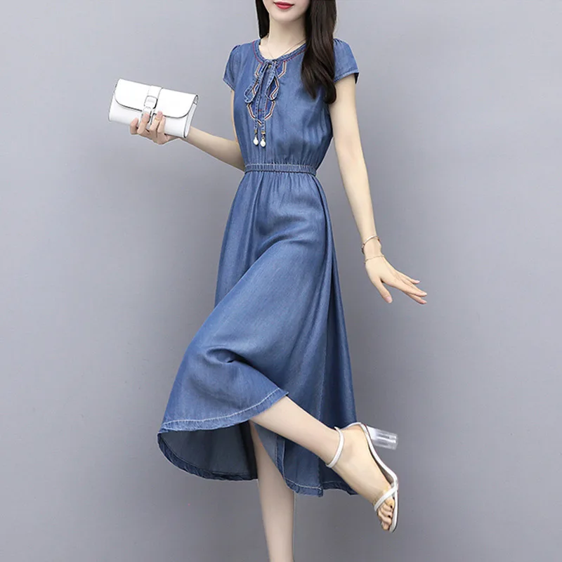 

Thin Denim Blue Dress Women 2020 New Printing Retro Long Dress Leisure Splicing European Temperament Short Sleeve Sweet Dress