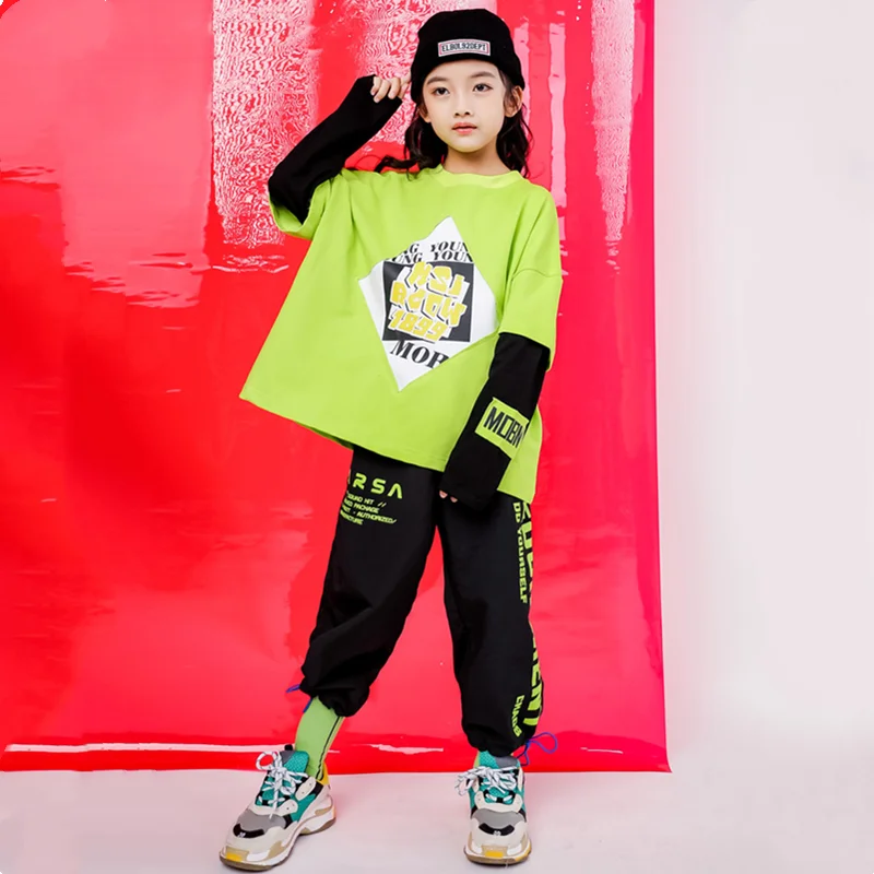 

Girls Cool Hip Hop Fake Two Pieces Sweatshirt Boys Loose Top Kids Clothing Set Child Jogger Pant Street Dance Costume Streetwear