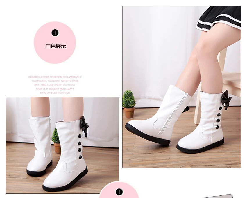 Girls Fashion Boots Autumn Winter Platforms PU Leather Mid-calf Princess Boots Butterfly-knot Ornament Toddler Kids Shoes