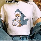 Футболка женская с мультяшным котом, смешной Графический Топ в стиле Харадзюку, футболка в Корейском стиле, кавайная