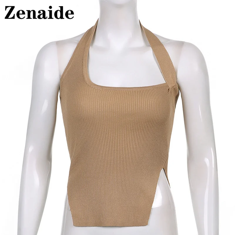 

Zenaide White Casual Halter Neck Tank Tops Sexy Backless Black Khaki Sleeveless Off Shoulder Women Crop Top 2021 Summer