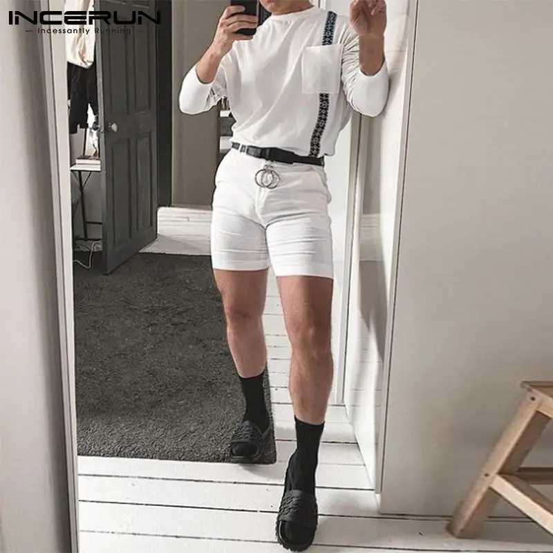 

New Men's Sets Party Nightclub Casual Streetwear Stitching Webbing Fashionable Long-sleeved Tops 2021 Shorts Suits S-5XL INCERUN