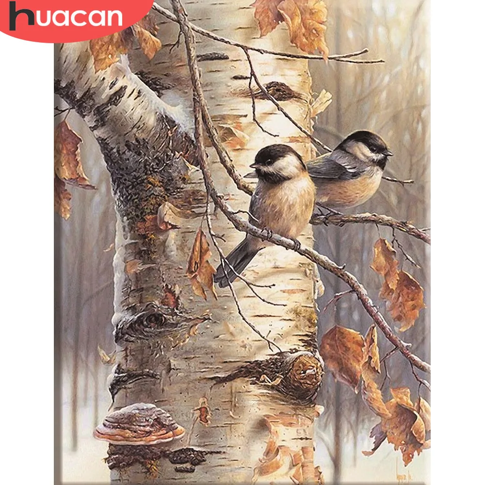 HUACAN Cross Stitch Needlework Sets For Full Embroidery Kits Tree And Bird Animals White Canvas 14CT DIY Home Decor 40x50cm