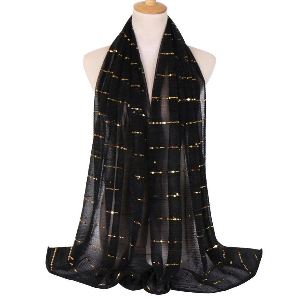 

Women Scarf Arab Elegant Shiny Sequins Solid Islamic Muslim Hijab Crinkled Fashion Soft Long Headscarf Ladies Head Wrap