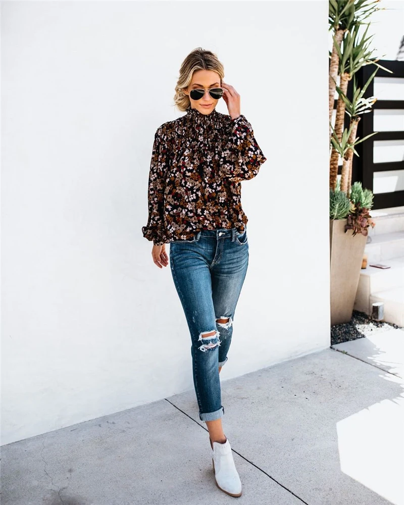 Модный с цветком с пышными рукавами блузки для женщин Boho шифоновая блузка офисные женские шорты с цветочным принтом Женская туника блуза-рубашка