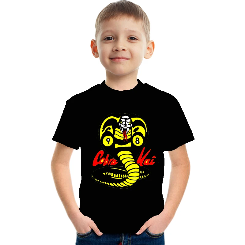 

Cobra Kai T Shirt Boys Strike First Strike Hard No Mercy Tshirt girs Summer Top Tshirts Short Sleeves Tees Black kids T-Shirt