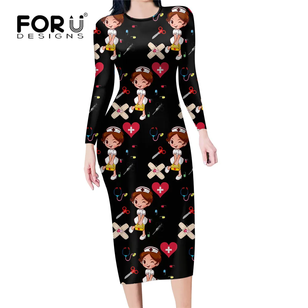 Модные черные облегающие платья FORUDESIGNS с длинным рукавом для медсестер осеннее