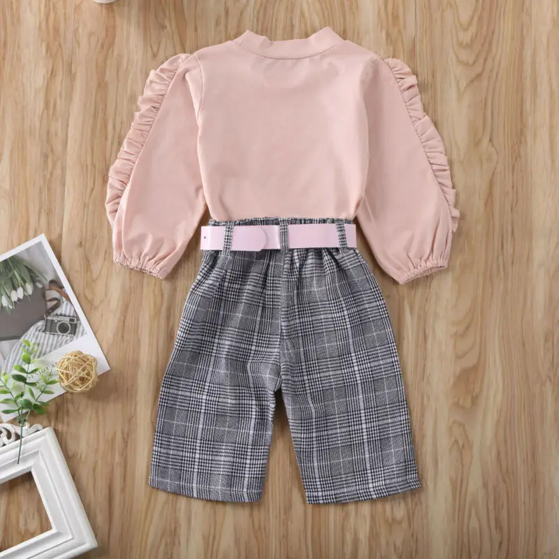 

Baby Kids Girls Ruffles Cotton Tops Plaid Pants Belt Cotton Ruffles Print Long Sleeve Autumn Spring