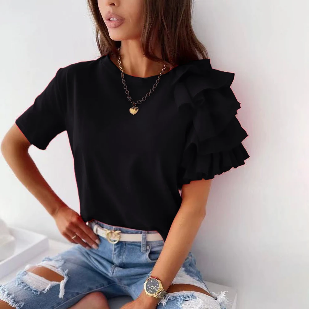 

FridayIn 2021 Autumn New Women Casual Solid Color Tops Fashion Ruffled Ruffled-sleeves All-match Round Neck Ladies Daily T-shirt