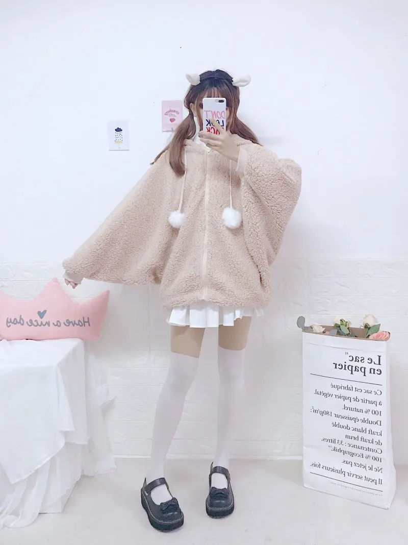 

Japanese sweet lolita coat rabbit long ears batwing sleeve loose thicken victorian coat kawaii girl gothic lolita overcoat loli