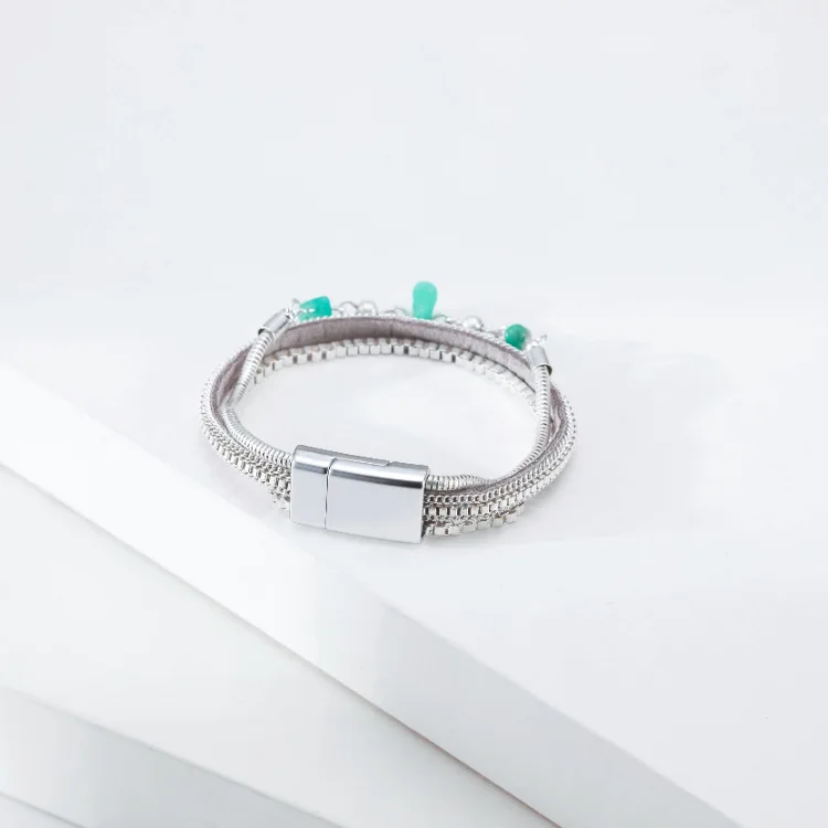 

Friendship Bracelets Charm Bohemian Bracelet Retro Style Ladies Bracelet Double-layer Chain Turquoise Magnetic Buckle Bracelet