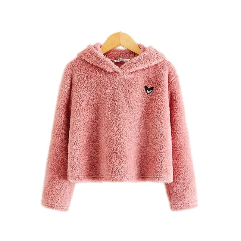 SHEIN Kiddie розовый вышитый спереди Повседневный плюшевый худи детские топы Весна длинный рукав подростковые Осенние милые свитшоты