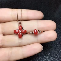 meibapj natural red coral gemstone 925 pure silver ring pendant necklace 2 suits fine wedding jewelry sets for women