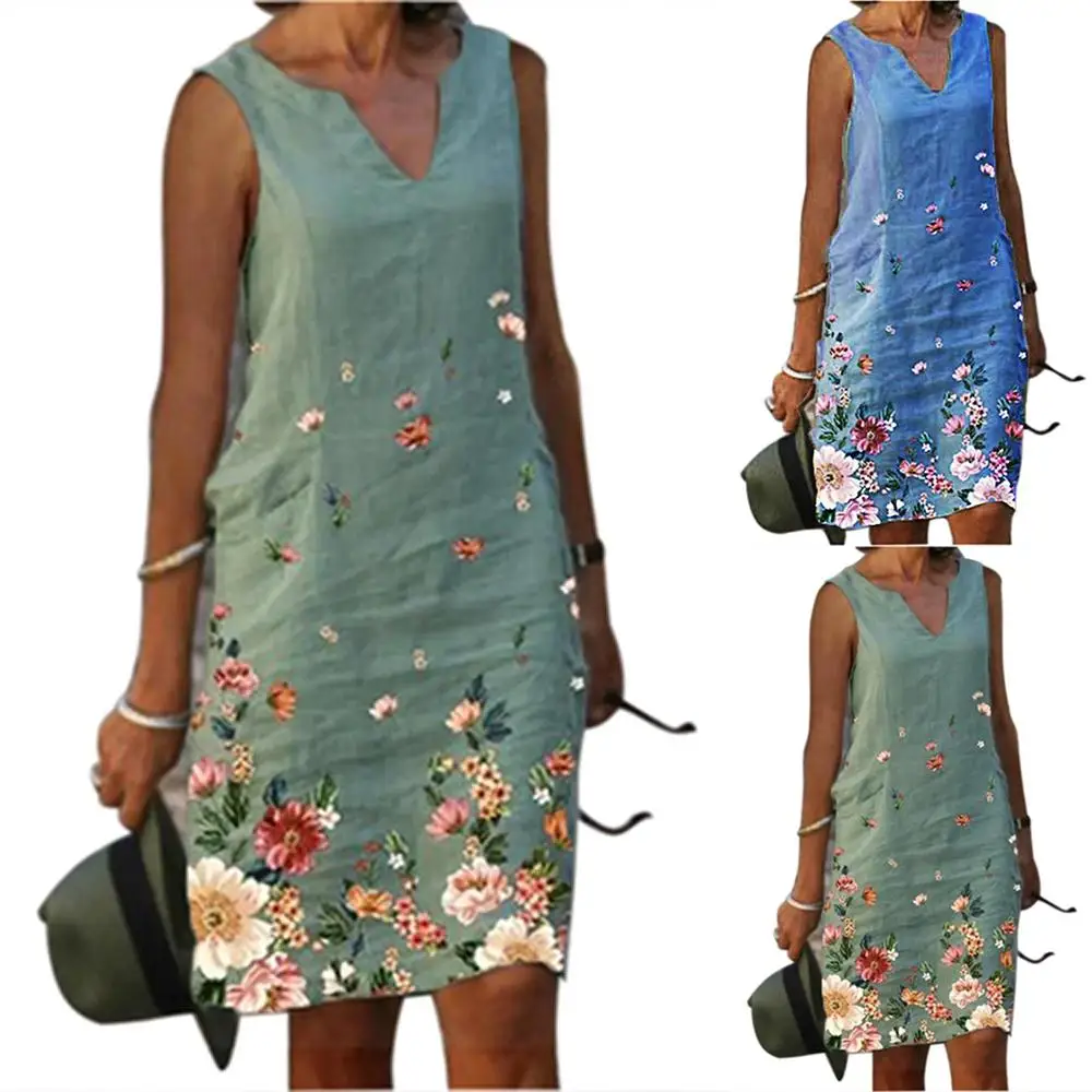 

Женское летнее платье-рубашка без рукавов с принтом и V-образным вырезом