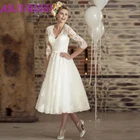 Платье свадебное короткое с рукавами три четверти, кружевное винтажное, с V-образным вырезом, дешево, 2021