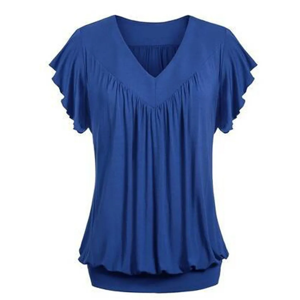 

Women Plus Size Loose V Neck Short Sleeve Solid Color Top Pleated Blouse T-shirt
