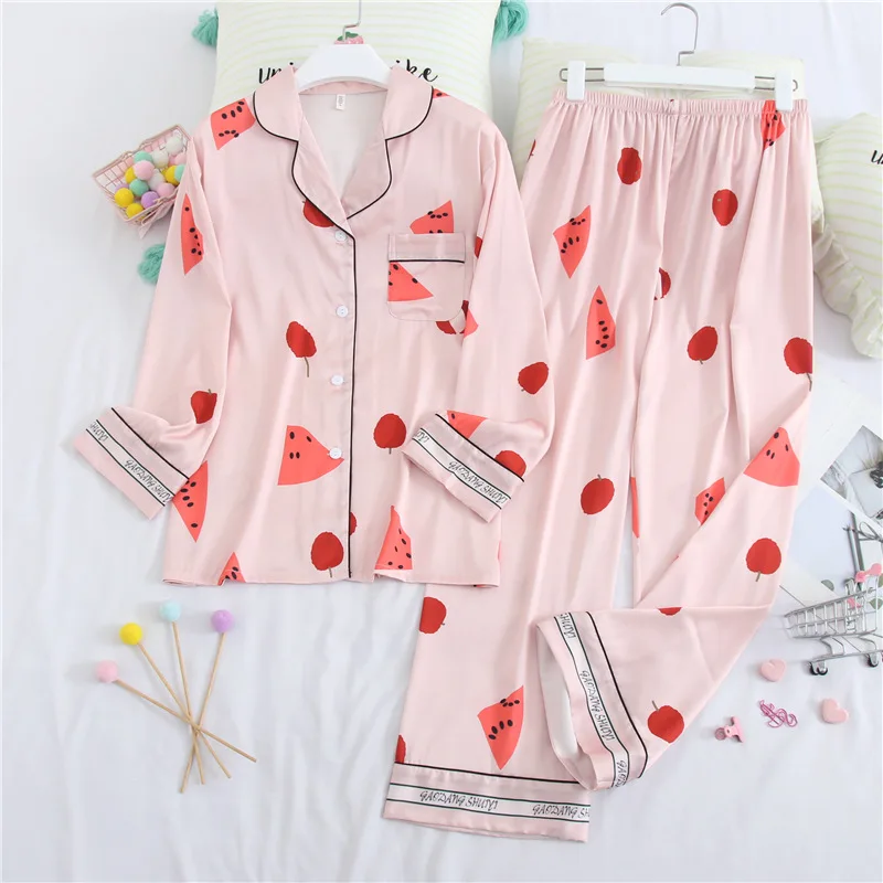 

Pink Lapel Pajamas Set Women Printed 2PCS Sleepwear Long Sleeve Shirt&Pants Femme Pijamas Set Casual Trousers Suit With Pocket