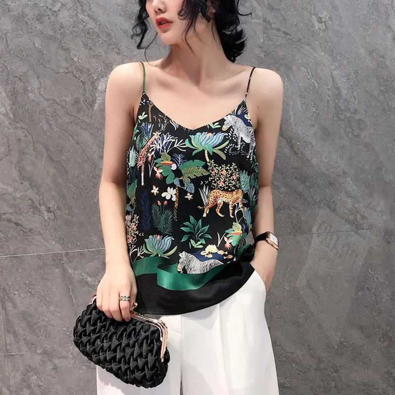 Vogue Elegant Prints Camisole Vest Women Sexy V-Neck Satin Silk Floral Animals Printed Office Lady Fashion Sling Tank Tops 2020 | Женская