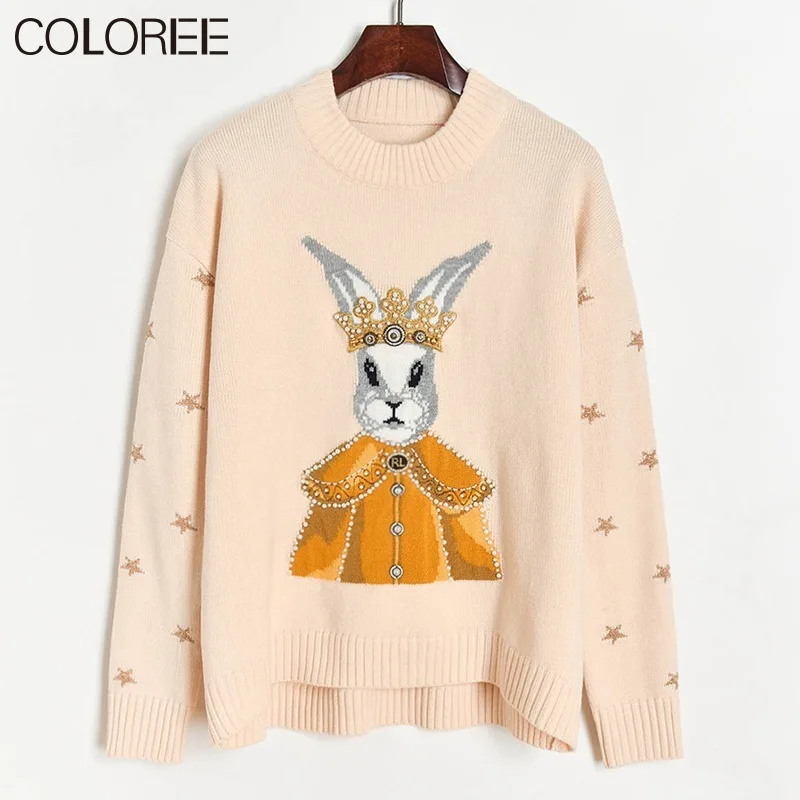 

Runway Designers Beading Cartoon Jaquard Knitted Sweater Women 2021 Fashion Thick Long Sleeve Pull Femme Hiver