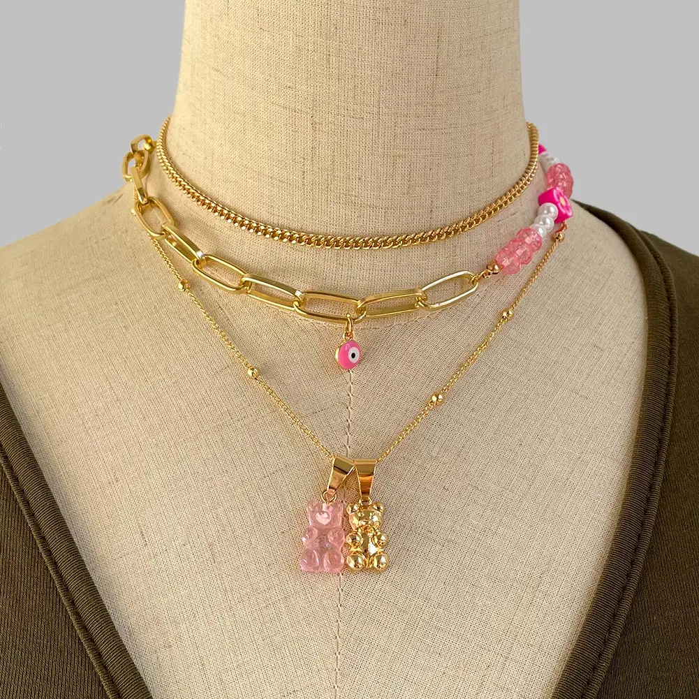 

New Pink Acrylic Gummy Bear Pendant Pearl Choker Necklace For Women Multilayer Asymmetric Metal Chain Necklace Boho Jewelry Gift