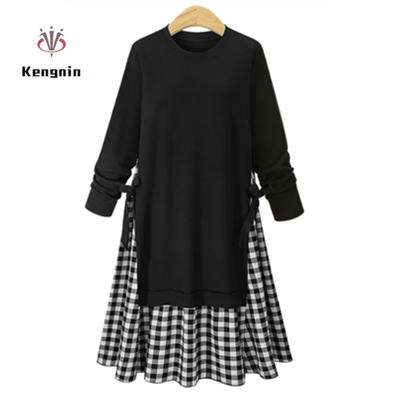 

Женское клетчатое платье с круглым вырезом, длинным рукавом и поясом