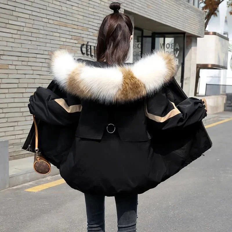 Women Winter Thicker Parkas Jacket 2022 New Korean Fashion Tooling Coat Color Block Fur Collar Jacket Trend Female Warm Jackts