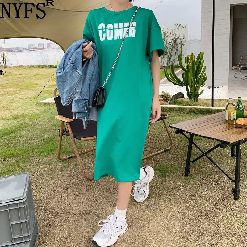 

NYFS 2021 Korean New Summer dress Loose Woman Dress Vestidos robe ete Elbise Fashion Backless short sleeves Long Dress