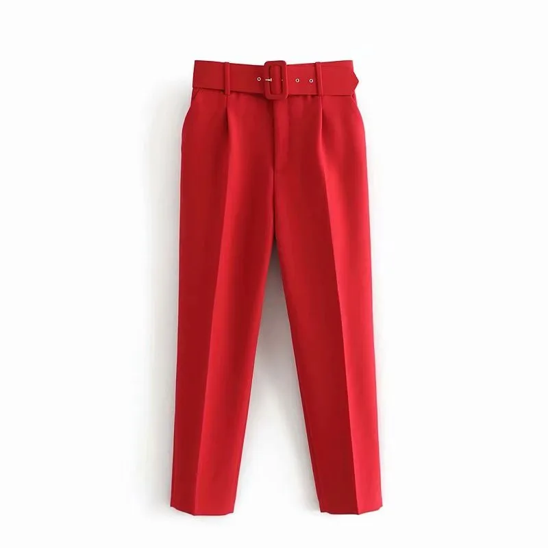 

2021 Za Spring High Waist Belted Suit Pants Women Vintage Office Lady Pants Woman Fashion Front Pockets Blue Red Yellow Trousers