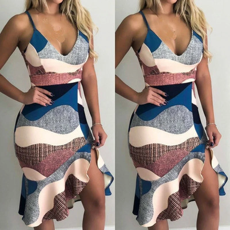 

Women Streetwear Dress Ruffles Decor V-Neck Sling Print Dress Elegant Lady Slim Hips Dress