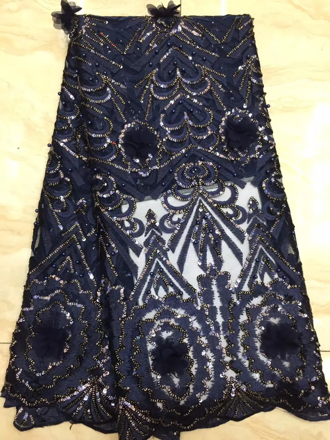 Кружевная ткань Бирюзовая африканская французская кружевная с бусинами