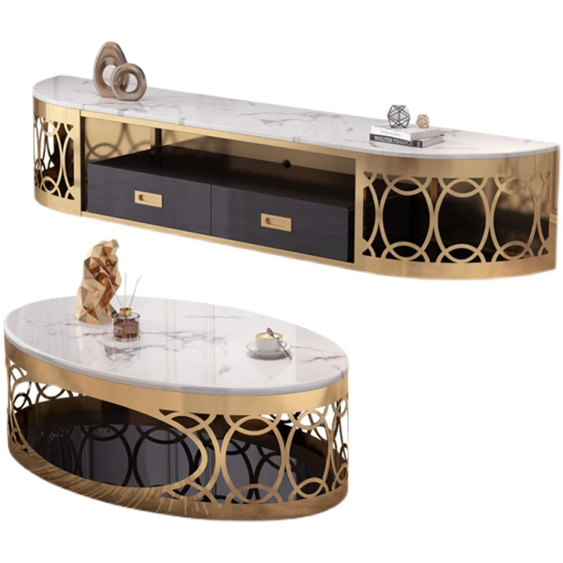 

Rock board coffee table TV cabinet combination modern light luxury small apartment living room high-end marble floor living room