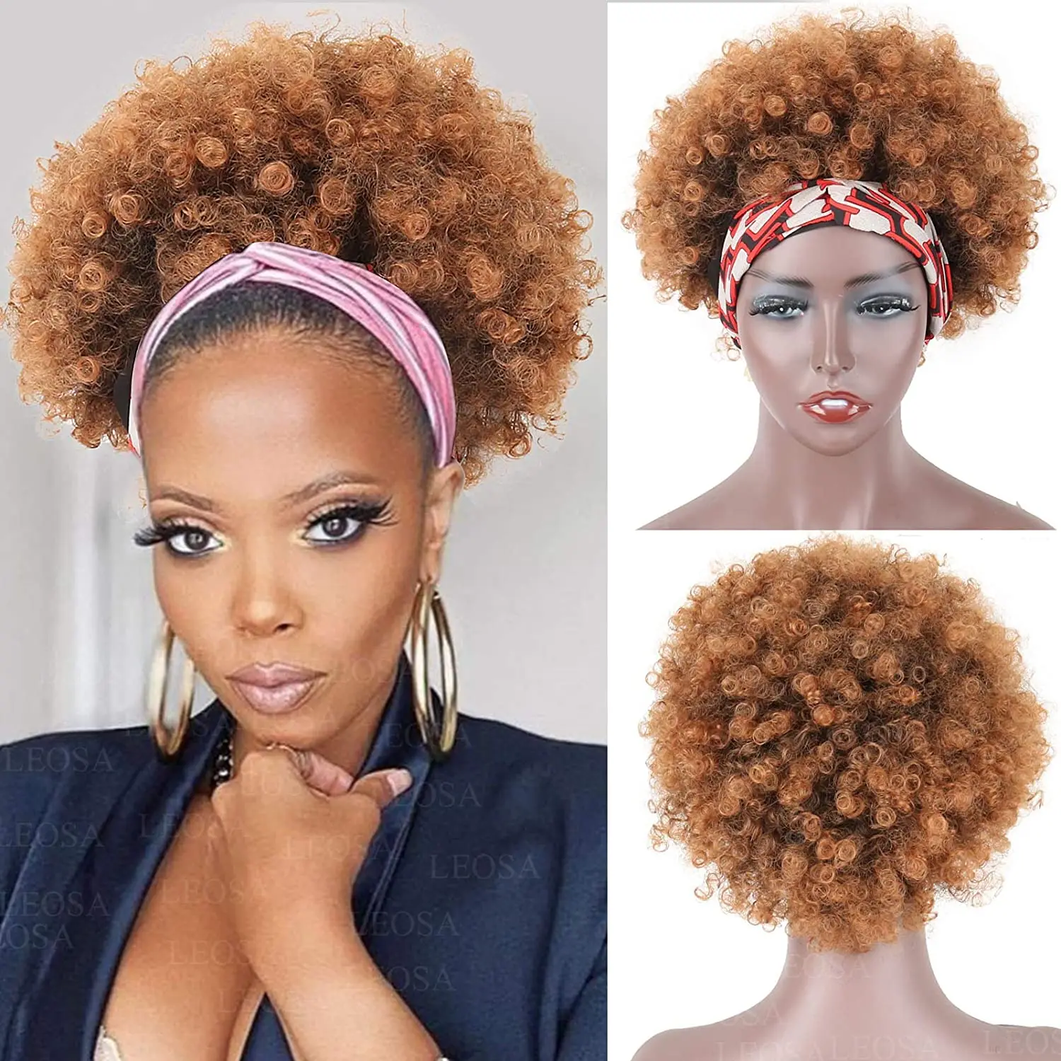 

Afro Kinky Curly Wig with Headband for Black Women Synthetic Hair Machine Made Headband Glueless Synthetic Wigs for Daily Wear