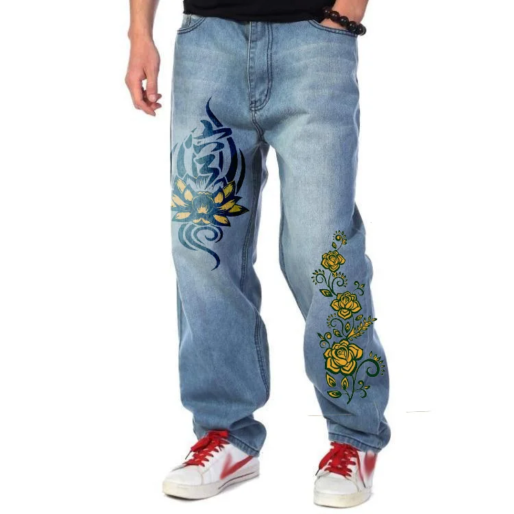 

Men's Long Pants Baggy Loose Fit Jeans Rap Hip Hop Skate Denim Trousers Straight Stretch Casual Trousers Floral