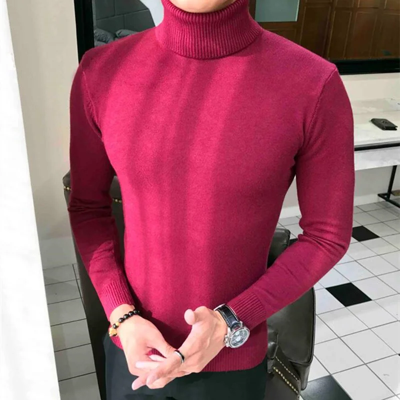 Мужской плотный теплый свитер с высоким воротом облегающий трикотажный пуловер