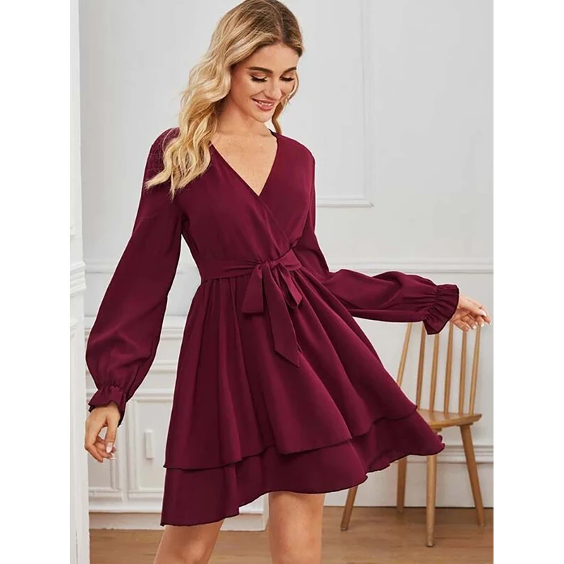 Сезон весна-осень Элегантная женское платье однотонное сексуальное с v-образным
