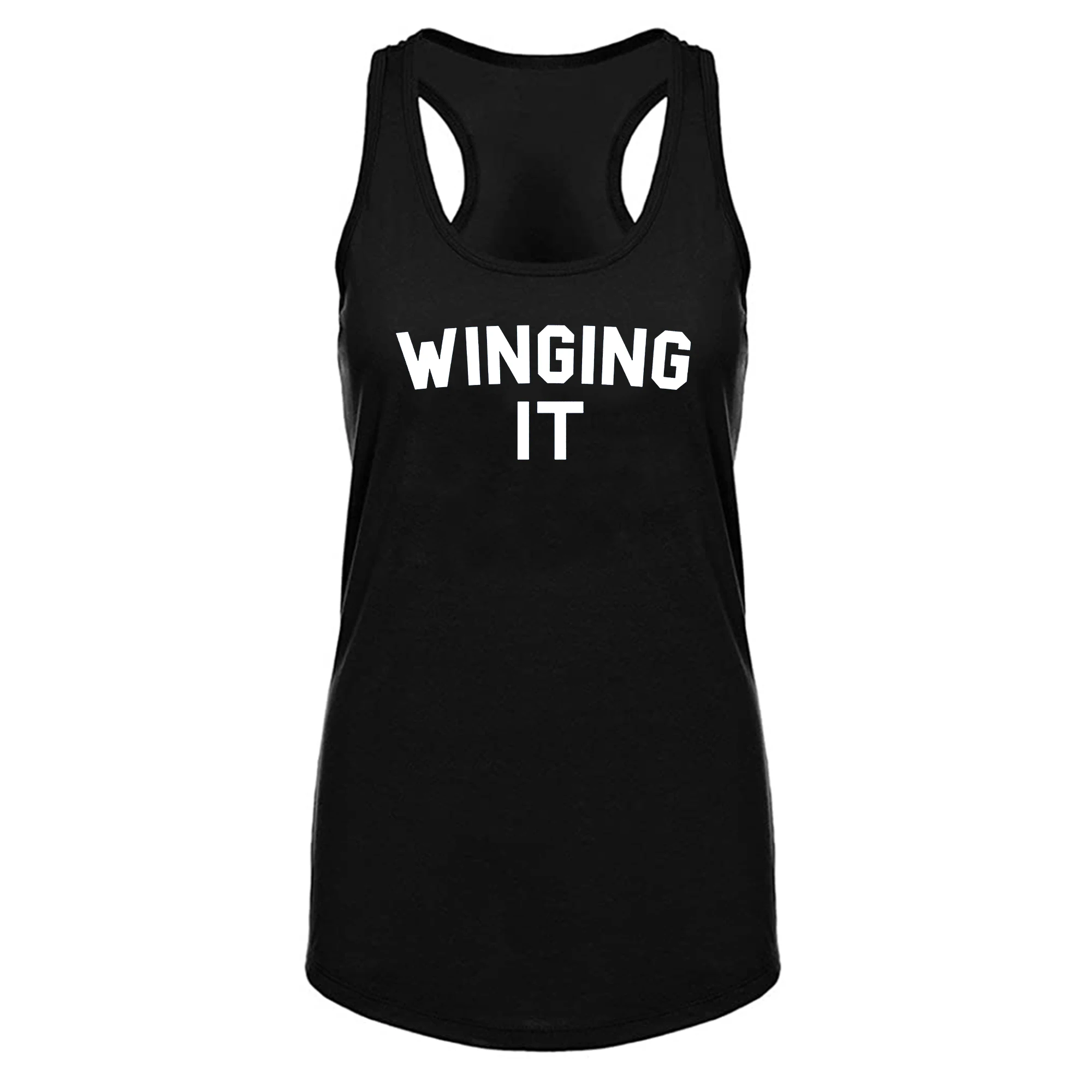 

Lyprerazy Women's Winging It Printed Black Workout Fitness Gym Funny Tank Top